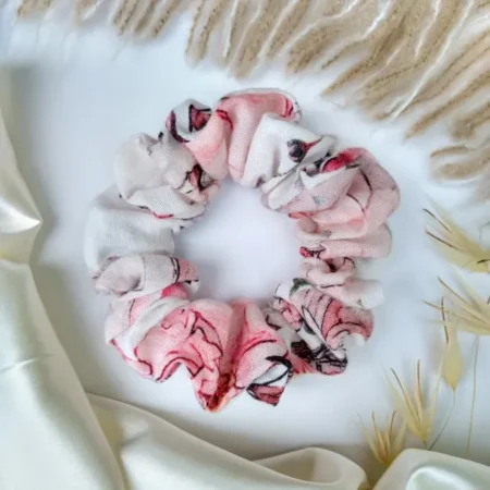 White Linen Floral Scrunchie