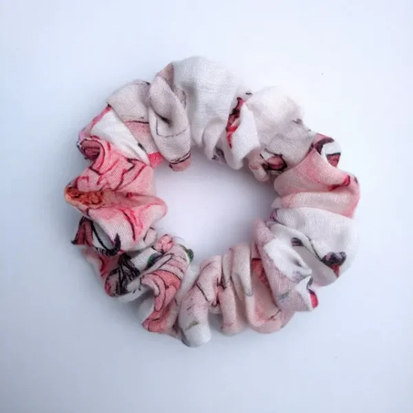 White Linen Floral Scrunchie Flat