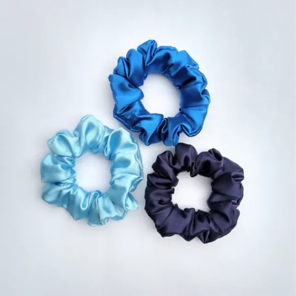 Blue Satin Scrunchie Set of 3 Flat