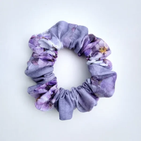 Lilac Flowers Linen Scrunchie Flat