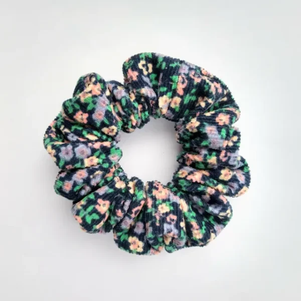 Navy Corduroy Flowers Scrunchie Flat