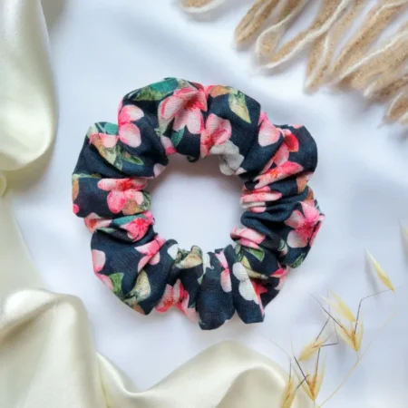 Navy Tropical Linen Scrunchie