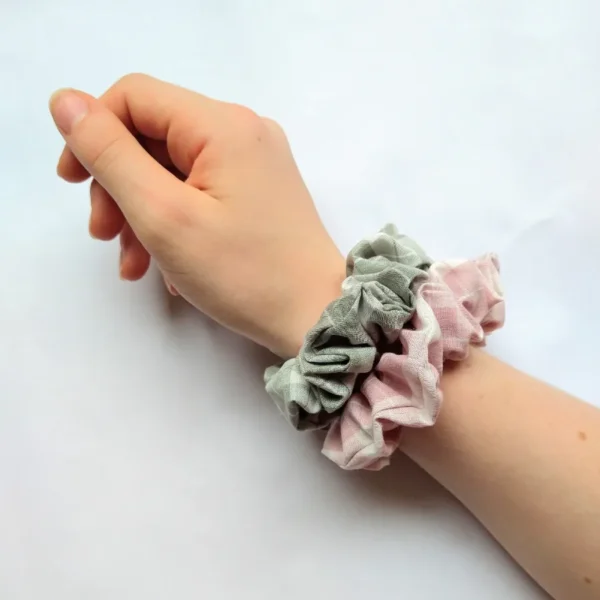 Pink and Green Gingham scrunchies on wrist