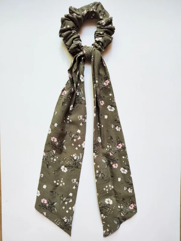 Olive Green Flowers Scarf Scrunchie Flat