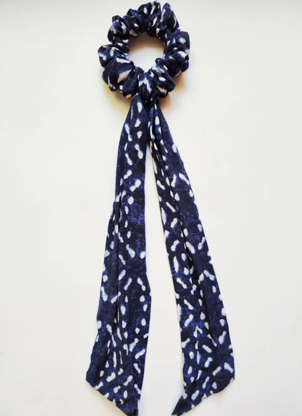 Dark Blue Patterned Scarf Scrunchie Flat